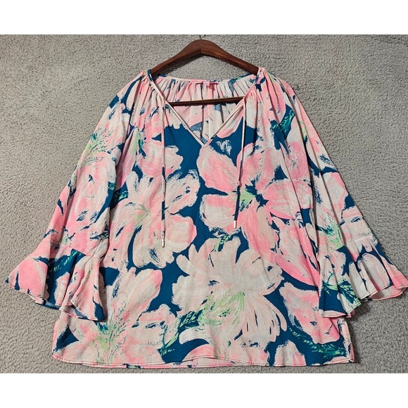 Lilly Pulitzer Willa Flounce Sleeve Top Tidal Wave Floral Blouse Size Large - Picture 1 of 12